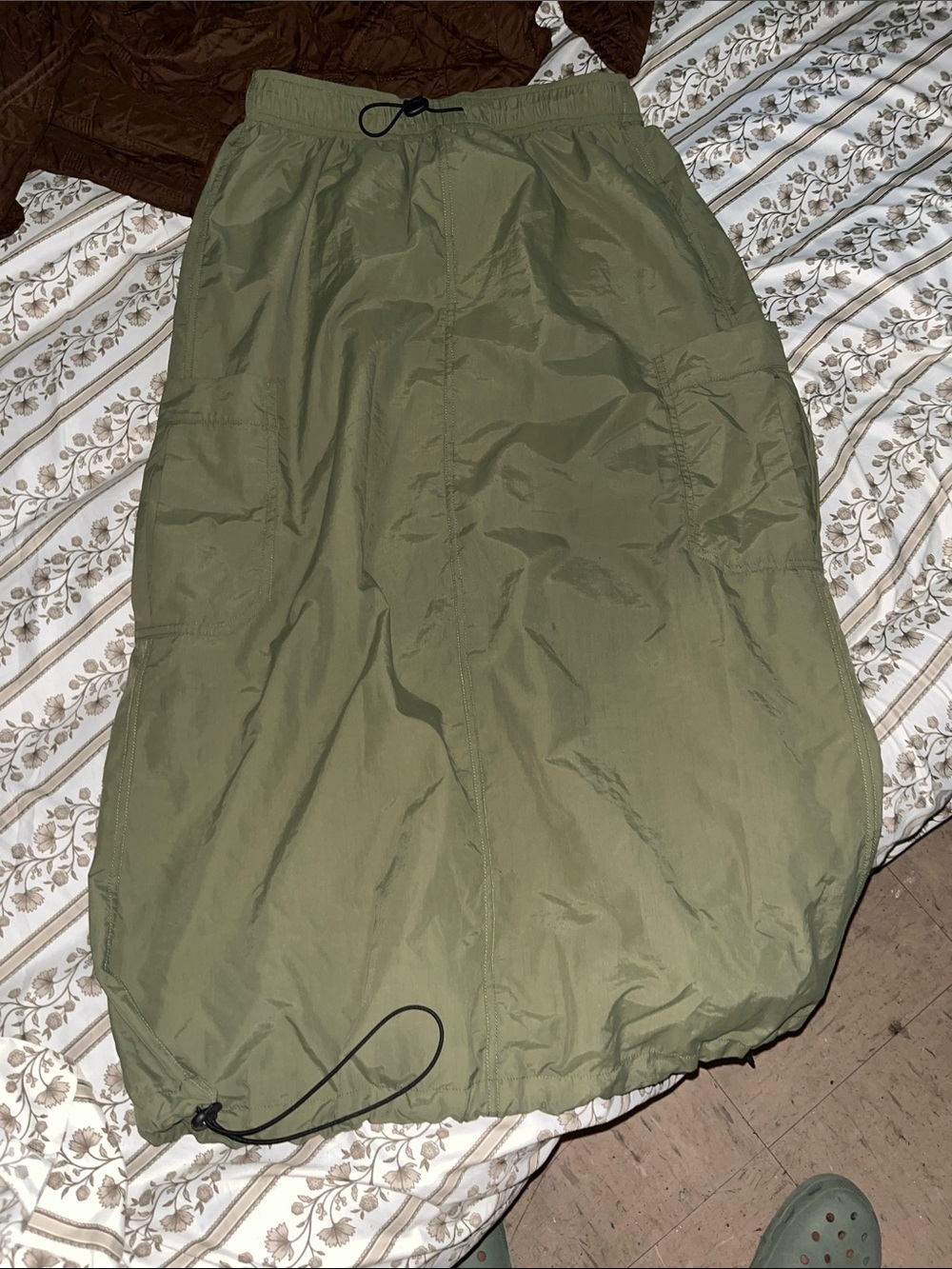 Olive Green Drawstring Casual Maxi Skirt